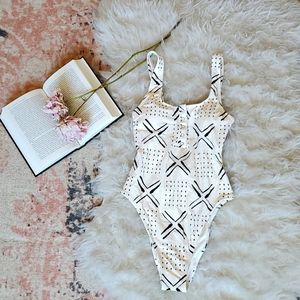 Aerie Henley One-piece Swimsuit, mudcloth print, size XS Long